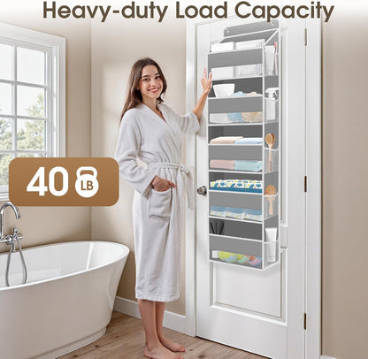 SpaceHacks 1 Pack Over The Door Organizer, Hanging Storage Organizer with Clear Window, 40lb Ultra Sturdy Large Capacity Room Organizer for Pantry Laundry Bathroom Nursery Closet Baby Essential (Grey)