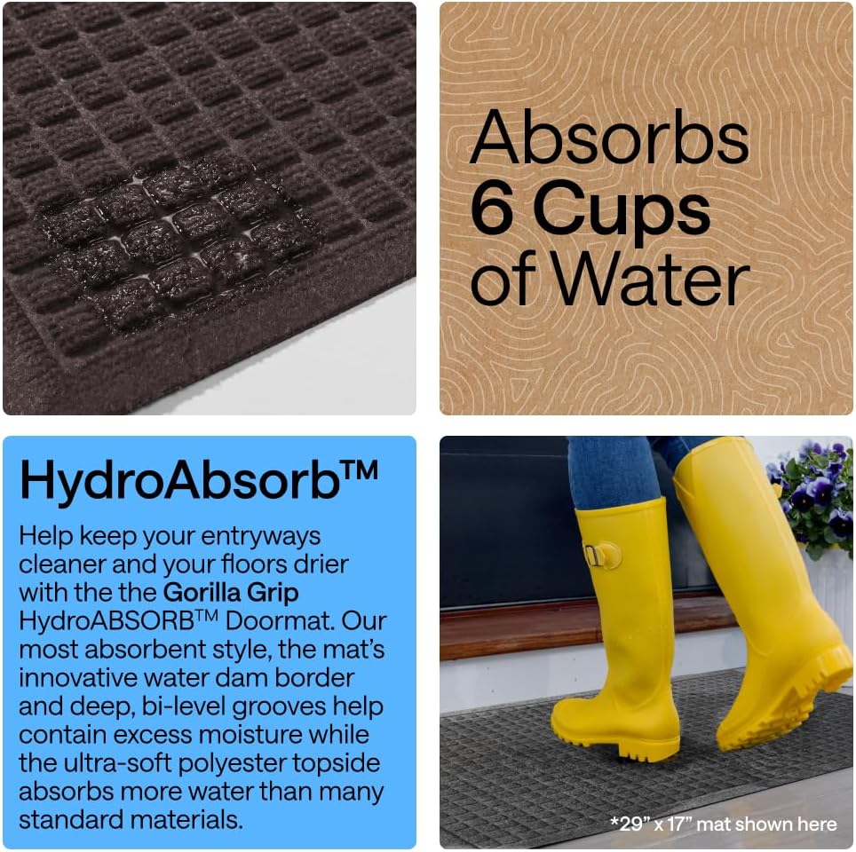 GORILLA GRIP® Ultra Absorbent Front Door Mat Outside Entrance, Traps Dirt and Moisture, HydroABSORB Indoor Outdoor Doormat Holds Up to 1.7 Cups Water, Stain and Fade Resistant Welcome Mat, 29x17 Black