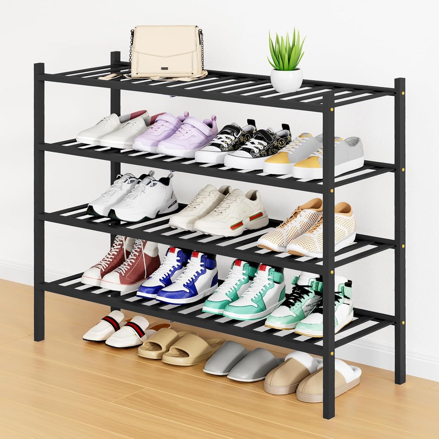 Smiry Bamboo Shoe Rack, 3 Tier Free Standing Wooden Shoe Organizer, Stackable Wood Shoe Storage Shelf for Closet, Entryway, 12 Vertical Slats, 2+1 Stack Standard Legs, 26.8"x11"x19.5", Natural