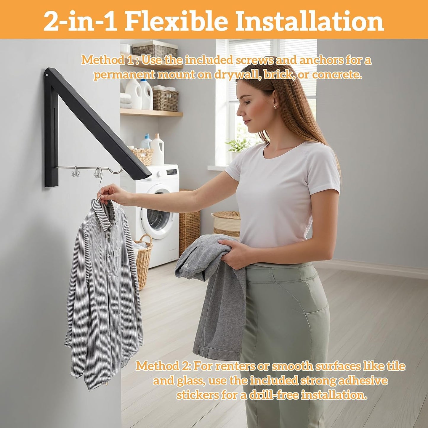 2 Pack Clothes Drying Rack, Wall Mounted Retractable Laundry Rack, 60LBS Heavy Duty Aluminum Foldable Clothes Hanger for Laundry Room, Bathroom, RV, Indoor & Outdoor Use, Drill-Free Installation