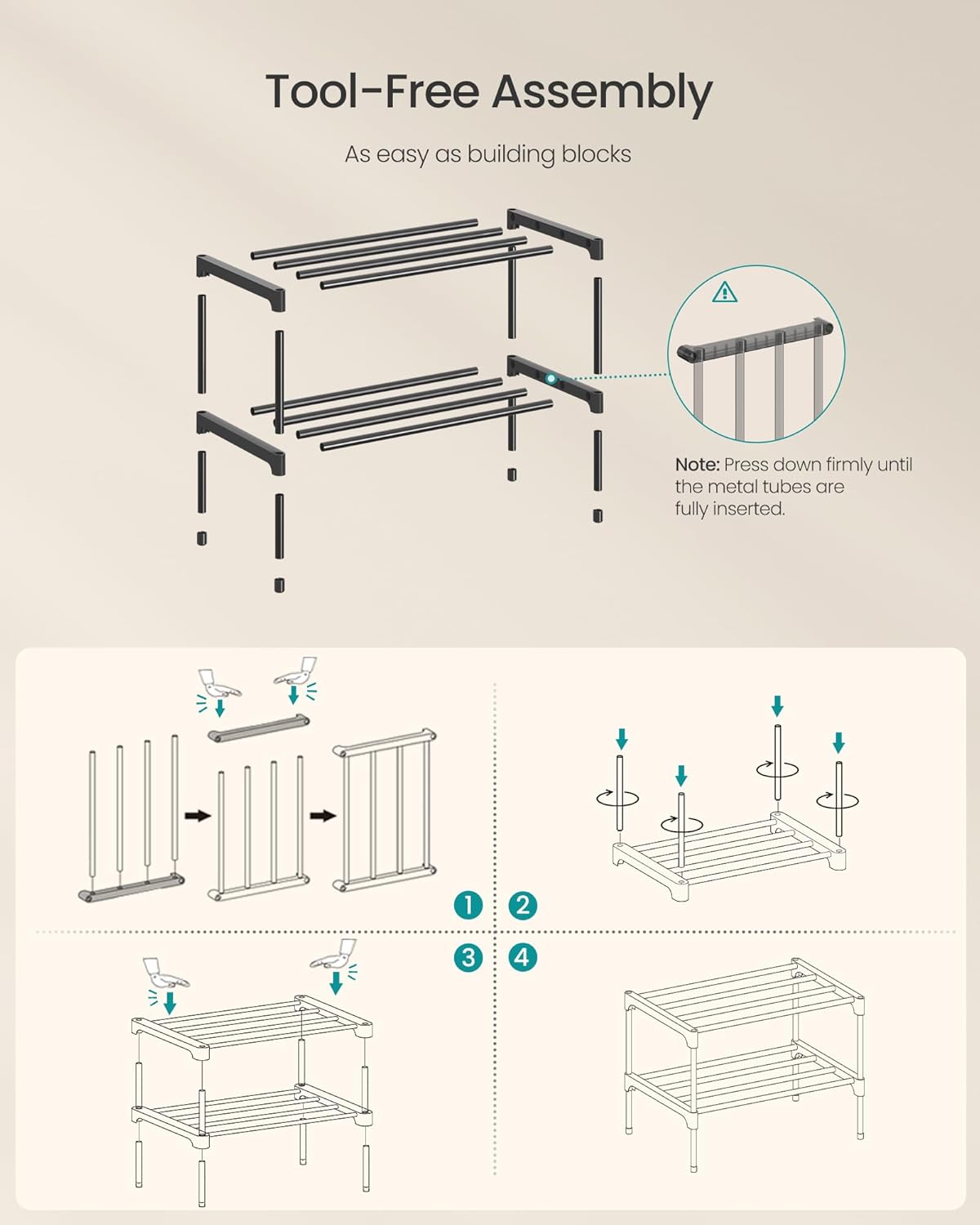 SONGMICS 2-Tier Shoe Rack for Closet, Compact Metal Shoe Organizer Shelf for Entryway, Bedroom, Small Spaces, Stackable, 11.8 x 24.5 x 12.2 Inches, Black ULSA122BH01