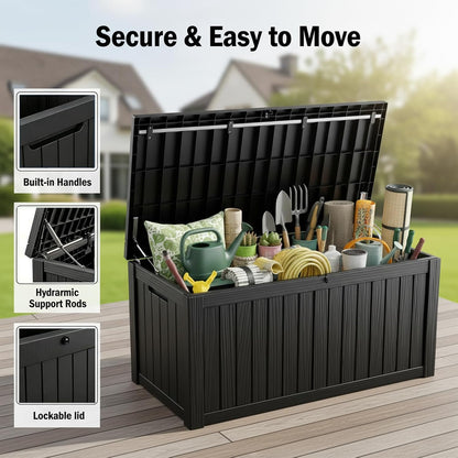 MAKINO 152 Gallon Resin Outdoor Storage Box, Waterproof Deck Box with Lockable Lid, Outside Storage Box for Patio Furniture, Pool Accessories, Garden Tools, Storage Bench for Backyard, Porch, Black