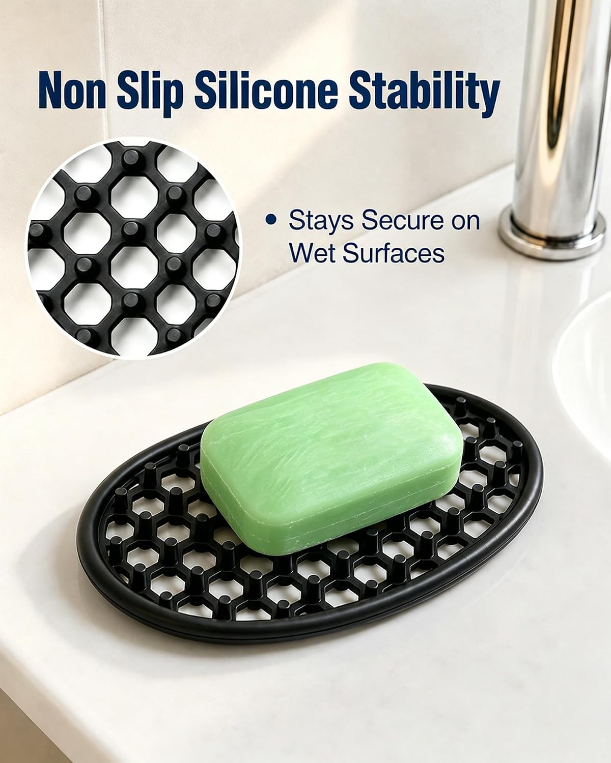 OTHIX 3 Pack Silicone Soap Dish for Shower, Self Draining Bar Soap Holder with Hollow Drainage Design, Non Slip Soap Saver Tray for Bathroom Sink, Kitchen Counter, Bathtub, Shower Shelf (Black)