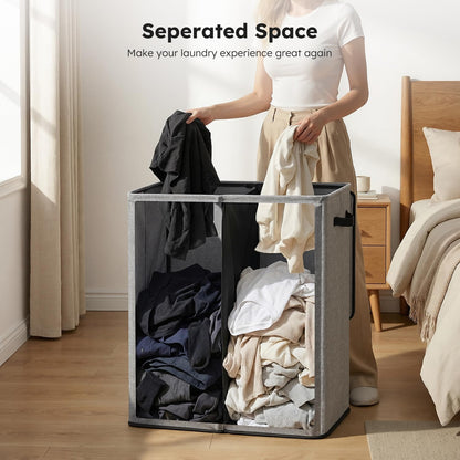 SOLEDI Luxury Double Laundry Hamper with Lid and Removable Bags, 38.3 Gal Large Laundry Bin, Laundry Basket 2 Sections, Collapsible Clothes Hamper for Bedroom, Laundry Room, Bathroom, Off-white