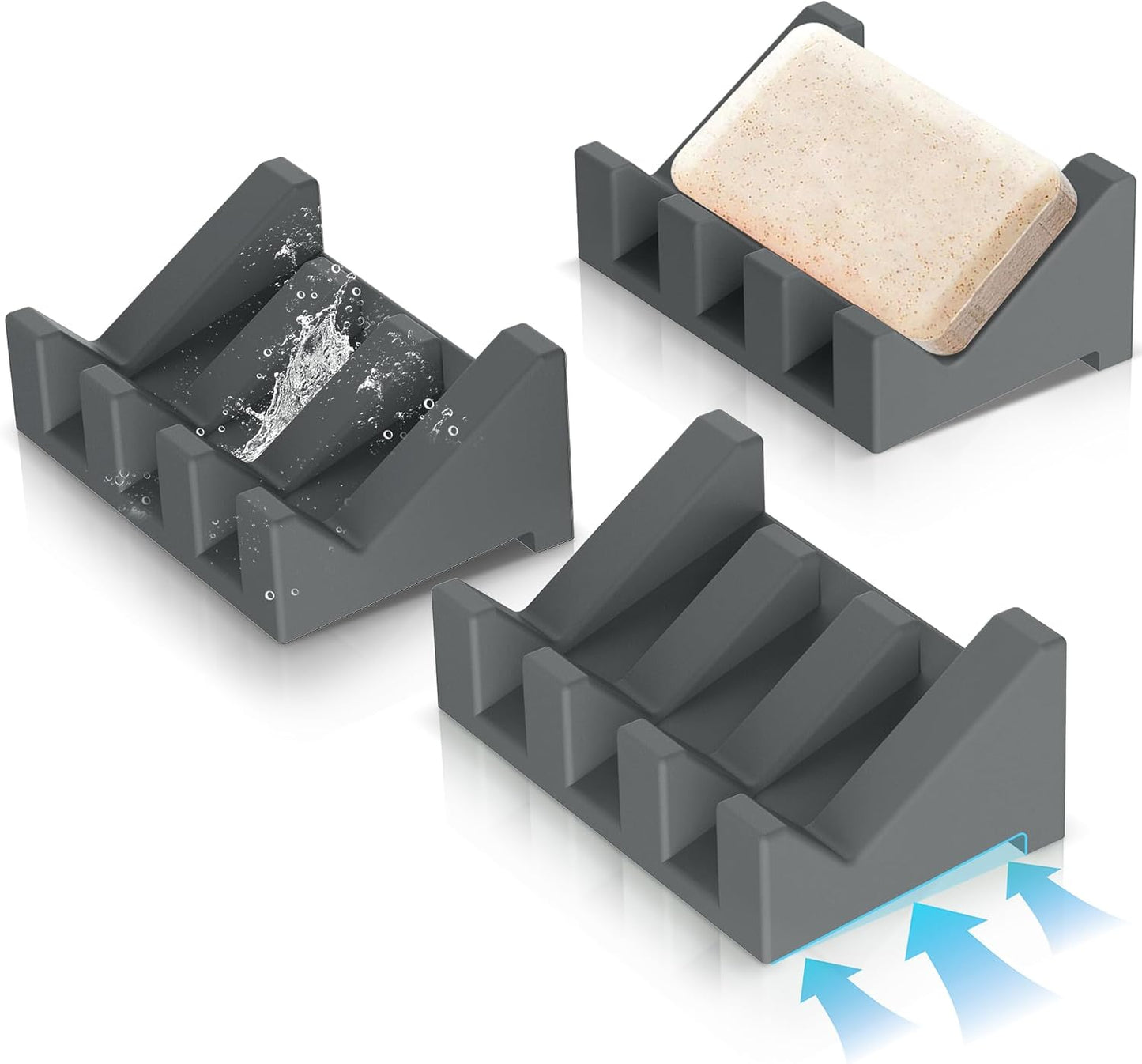 Silicone Soap Dish Set,3PCS Self Draining Soap Holder for Bar Soap | Self draining silicone soap dish with drainage,waterfall design keeps bar soap dry,extended soap holder for shower,bathroom