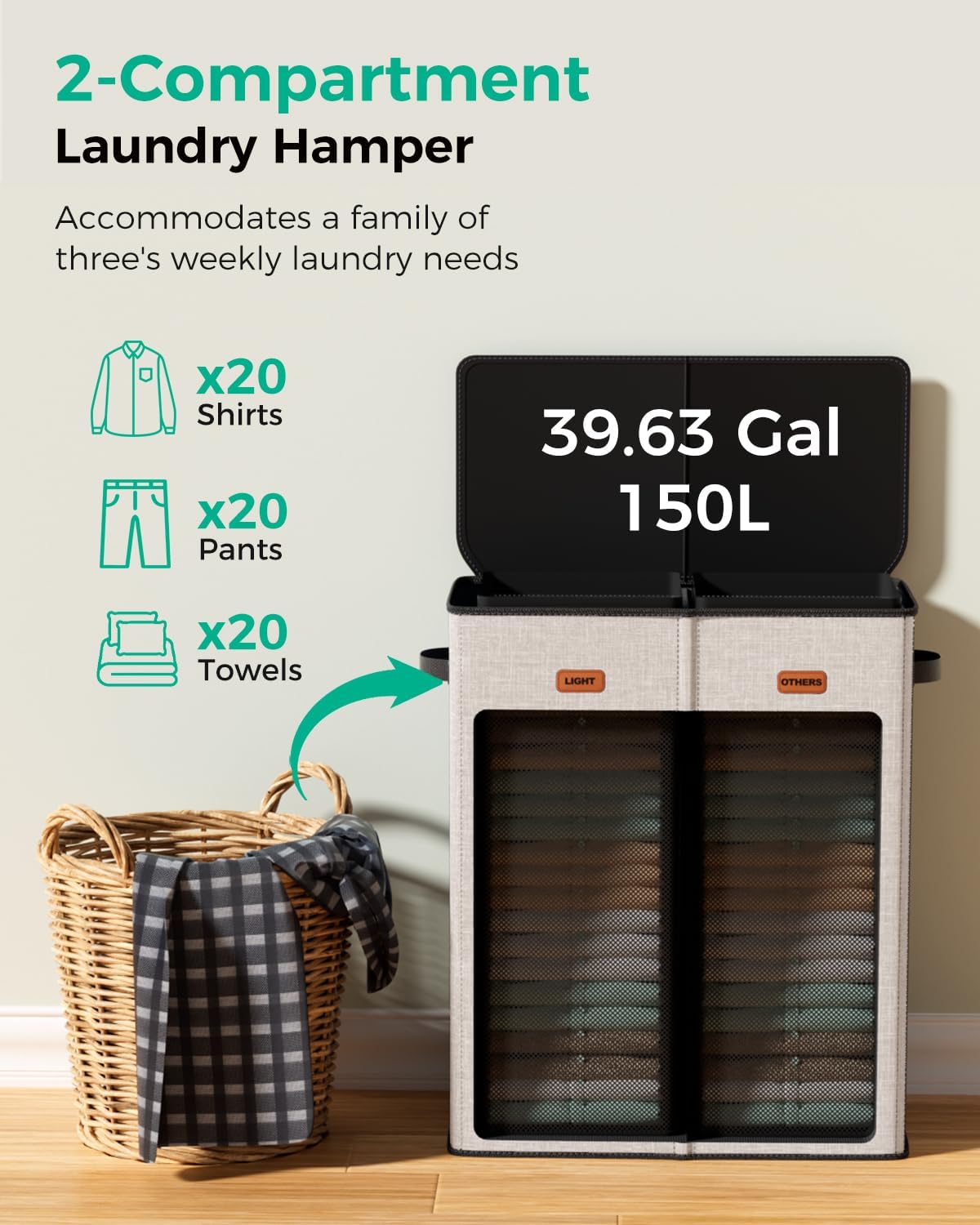 150L 2-Section Laundry Hamper with Lid – Removable Bag, Double Compartment Clothes Hamper for Bathroom, Bedroom, Dorm & Laundry Room