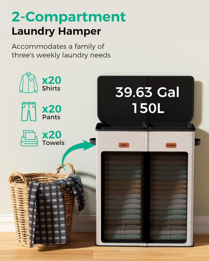 150L 2-Section Laundry Hamper with Lid – Removable Bag, Double Compartment Clothes Hamper for Bathroom, Bedroom, Dorm & Laundry Room