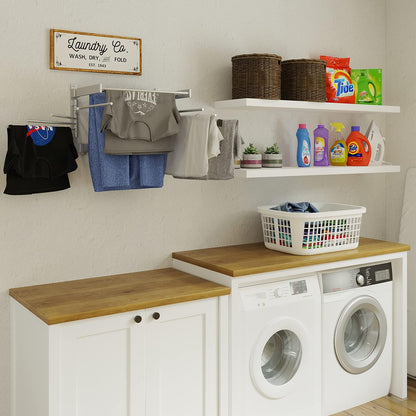 BGT Wash Clothes Drying Rack Wall Mount Laundry Room Organizer with Hooks & Swing Arms, 17" Metal Laundry Rack Silver