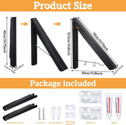 2 Pack Clothes Drying Rack, Wall Mounted Retractable Laundry Rack, 60LBS Heavy Duty Aluminum Foldable Clothes Hanger for Laundry Room, Bathroom, RV, Indoor & Outdoor Use, Drill-Free Installation