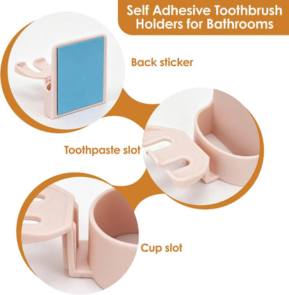 2 PCS Self-Adhesive Toothbrush Holders Wall Mounted, Water Proof Toothbrush Hook, 3 in 1 with Toothbrush Hanger Toothpaste Holder and Gargle Cup Holder for Bathroom Shower (White)