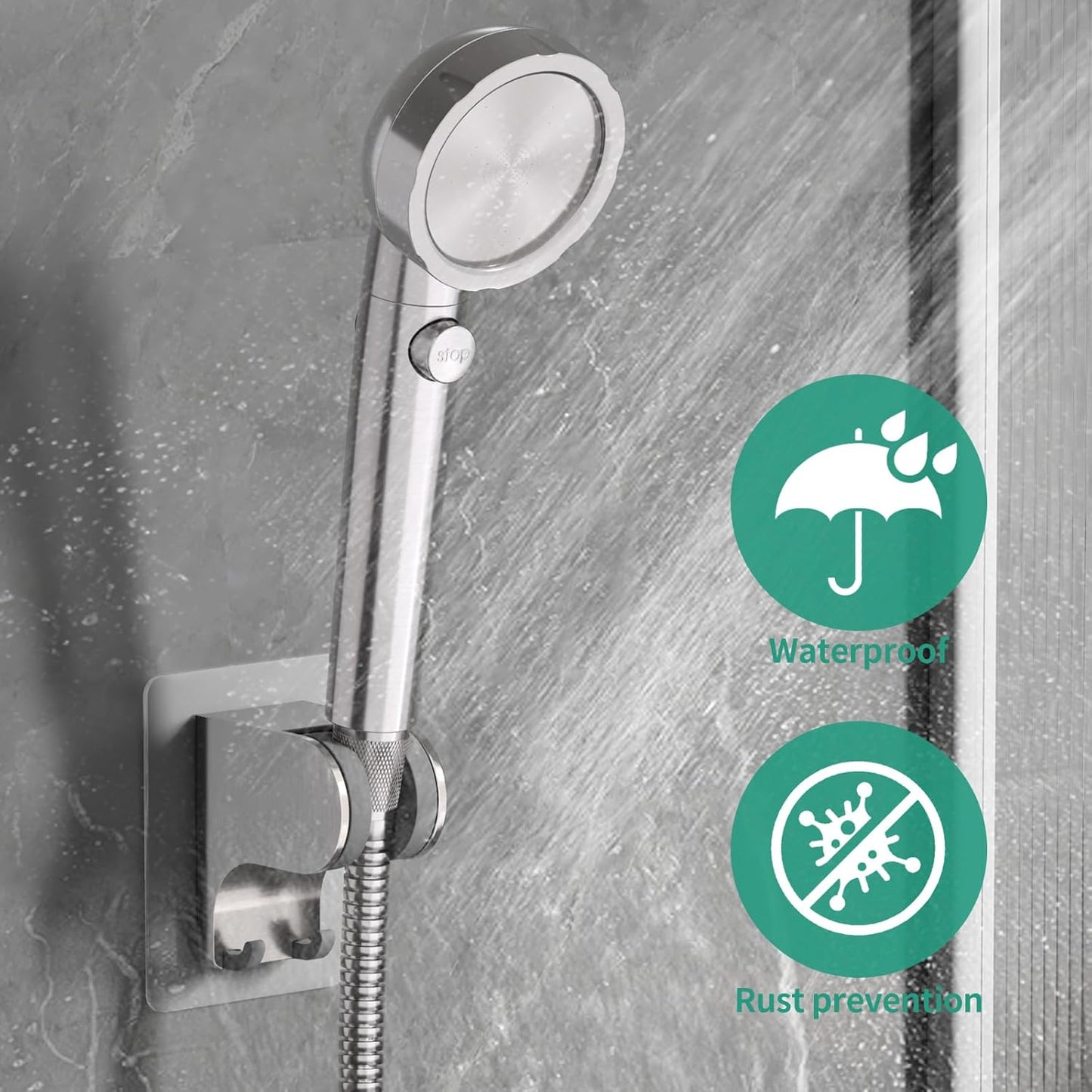 Hand Held Shower Head Holder Wall Mount, Shower Hose Holder Adhesive with 2 Hanger Hooks, Adjustable Shower Handle Holder, No Drilling Shower Wand Holder (‎Chrome, 1 Pack)