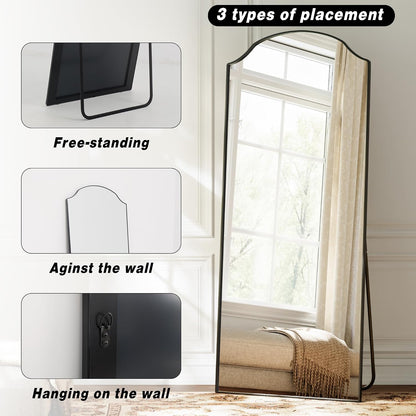 VooBang Triple-Arched Mirror Full Length, 65" x 24" Floor Mirror with Stand, Matte Aluminum Alloy Frame Full Body Mirror, Standing Hanging or Leaning for Bedroom and Living Room, Black