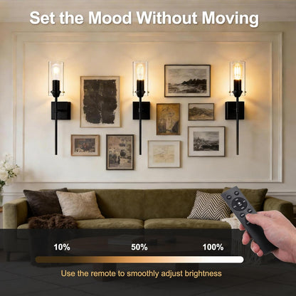 Battery Operated Wall Sconce, Glass Wireless Wall Sconces Set of Two Rechargeable with Remote Control Dimmable Wall Light for Bedroom Living Room Hallway Entryway, 3000-6500K