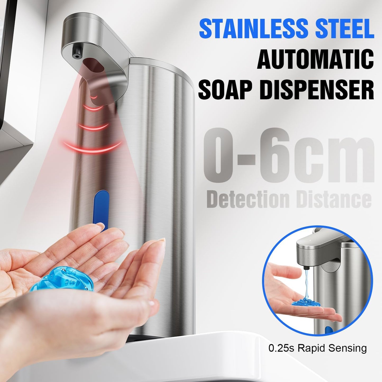 Fantictas Automatic Foaming Soap Dispenser Touchless, Stainless Steel 11.5 oz 3 Levels Adjustable Hand Soap Dispenser with Rechargeable Sensor Pump for Kitchen & Bathroom Liquid Soap