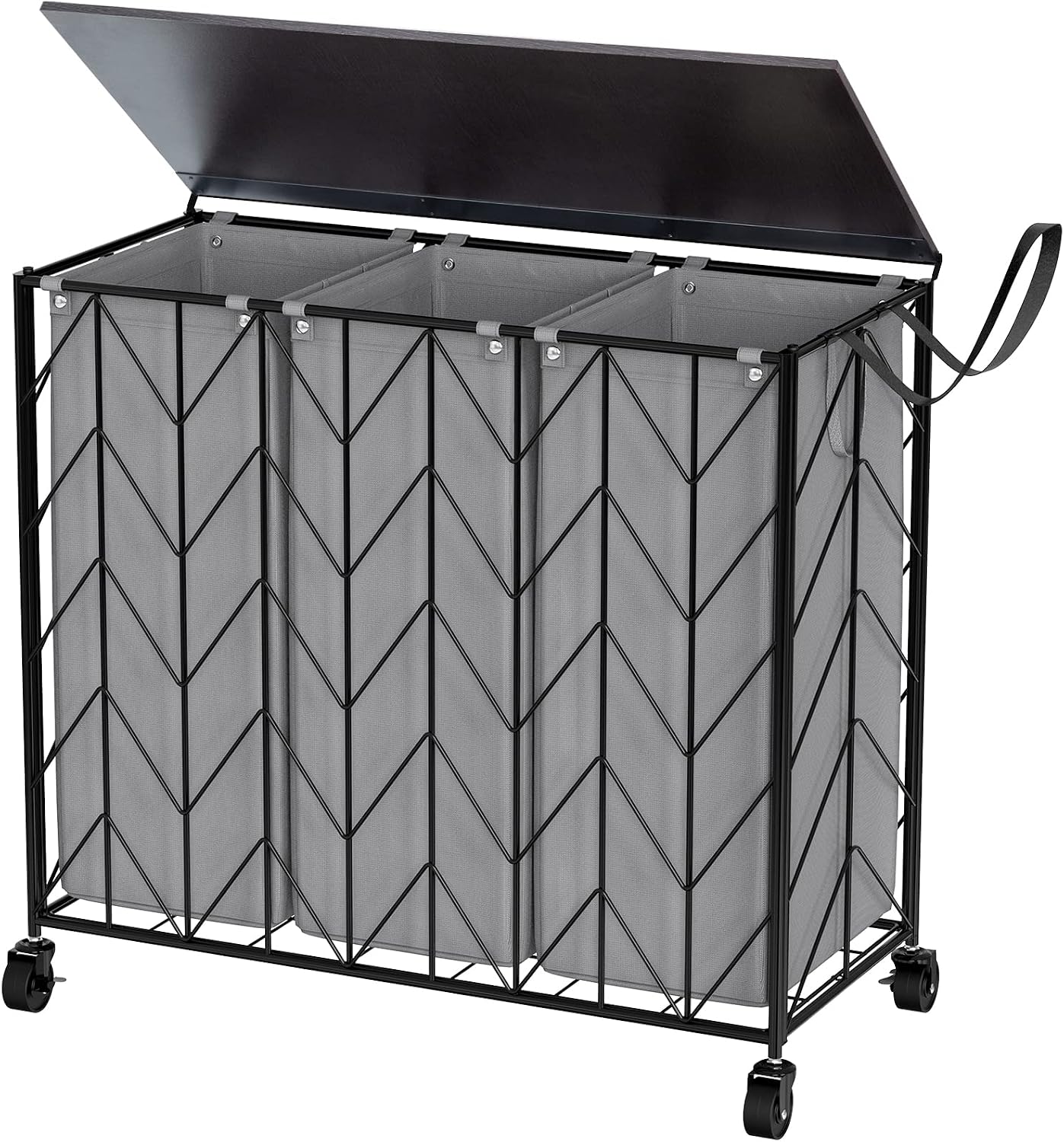 WOWLIVE Laundry Basket with Wheels, 142L Laundry Hamper 3 Section with Lid, Dirty Clothes Hamper with Removable Bags, Large Capacity Iron-Made Laundry Basket Organizer Laundry Sorter for Dorm, White