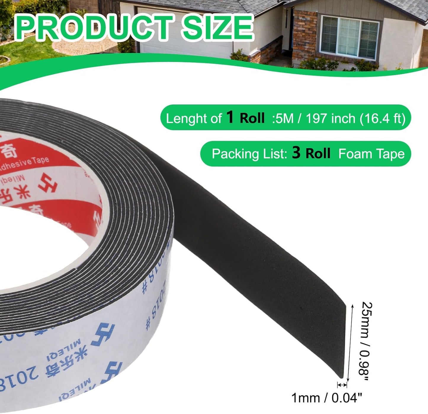 PATIKIL Sponge Rubber Foam Tape, 5/8" W x 1/8" t x 16.4ft l Self-Adhesive Foam Insulation Tape Weather Stripping for Window Door Soundproofing Weatherstrip AC Seal Strip, Black