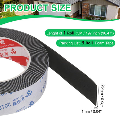 PATIKIL Sponge Rubber Foam Tape, 5/8" W x 1/8" t x 16.4ft l Self-Adhesive Foam Insulation Tape Weather Stripping for Window Door Soundproofing Weatherstrip AC Seal Strip, Black