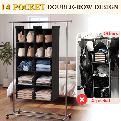 Ofiray-home 6 Tier Hanging Closet Organizer, 16 Compartments Sweater Organizer for Closet with 3 Sturdy Hooks, Closet Organizers and Storage, Wardrobe, Rv, Garment Rack, Grey
