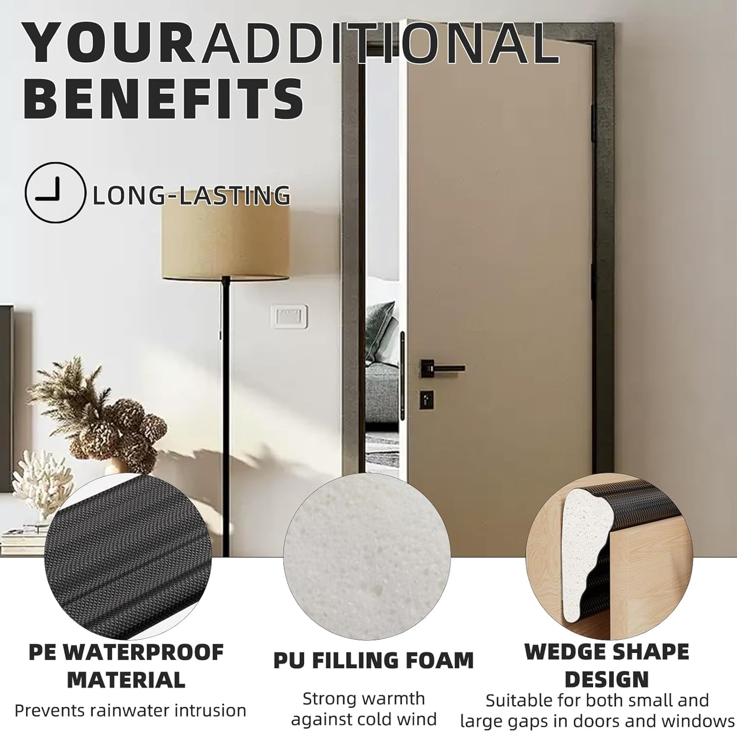 118 Inch Wedge-Shape Weather Stripping Door Seal,Windows and Doors Insulation,Self Adhesive Insulation Foam Anti-Collision Strip,Weatherstrip Tape for Door Soundproofing,Noise Drafts Blocker,White