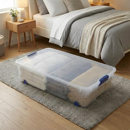 66 Quart Clear Underbed Storage Bin with Wheels & Latching Lid - Low Profile Plastic Storage Container for Clothes, Shoes, Bedding, Wrapping Paper Organizer, Slim Rolling Under Bed Storage Box