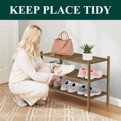 Smiry Bamboo Shoe Rack, 3 Tier Free Standing Wooden Shoe Organizer, Stackable Wood Shoe Storage Shelf for Closet, Entryway, 5 Horizontal Slats, 26.8"x11"x18.3", Natural