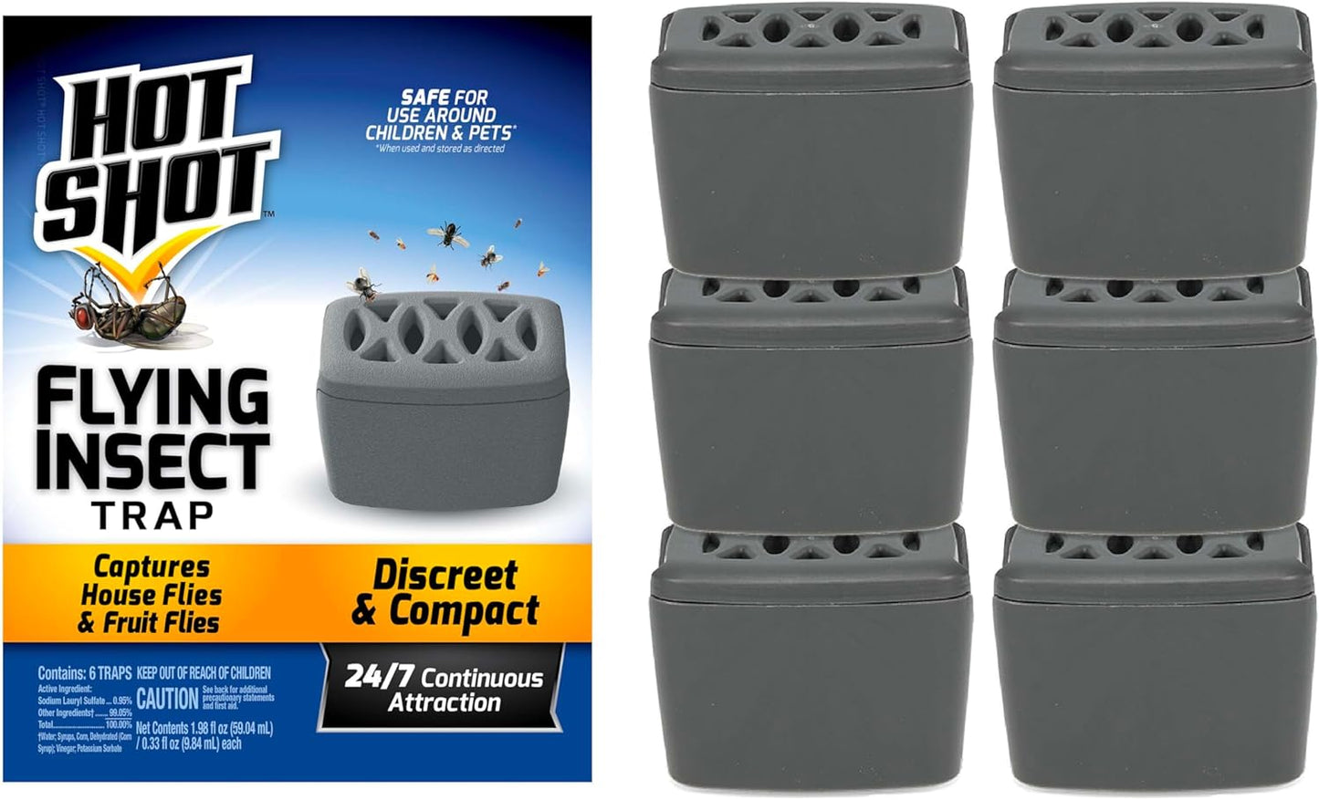 Hot Shot Flying Insect Trap, Discreet, Hassle-Free Trap Attracts, Captures House and Fruit Flies, 24/7 Continuous Attraction, No Plug-in Or Electricity Needed, 6 Count 984ml Each