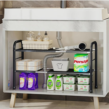 Under Sink Organizer，2 Tier Expandable Heavy Duty Metal Shelf，with 5 Removable Panels and 5 Storage Basket for Under Kitchen Bathroom Sink Organizers and Storage(Black, Large)