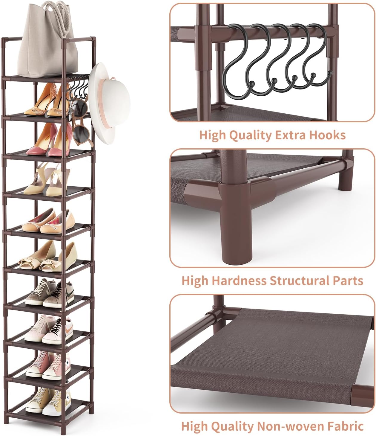 LANTEFUL Tall Narrow Shoe Rack for Entryway, 10-Tier Sturdy Metal Shoe Shelf Storage 10-15 Pairs of Shoes and Boots, Space Saving Corner Shoe Rack Organizer for Closet,Doorway,Garage,Living Room