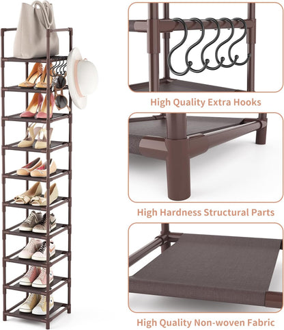 LANTEFUL Tall Narrow Shoe Rack for Entryway, 10-Tier Sturdy Metal Shoe Shelf Storage 10-15 Pairs of Shoes and Boots, Space Saving Corner Shoe Rack Organizer for Closet,Doorway,Garage,Living Room