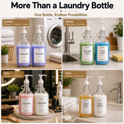 2 Pcs Glass Liquid Laundry Detergent Dispenser, Half Gallon Laundry Soap Dispenser for Laundry Room (64 oz. Each), Laundry Detergent Bottles with Pump Dispenser -Includes Labels, Funnel, Measuring Cup