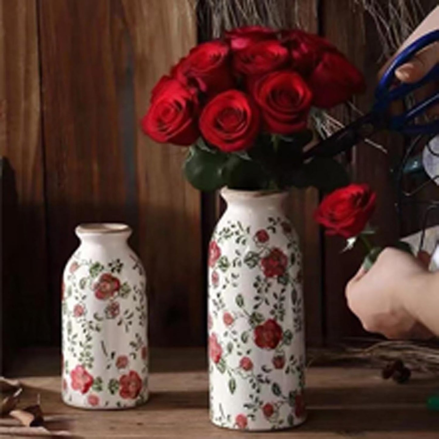 Rustic Ceramic Vase Set of 3 - Beige Rustic Vases for Flowers,Farmhouse Flower Vases for Home Decor,Small Decorative Vase Set for Living Room,Table Shelf,Centerpieces and Fireplace Decorations