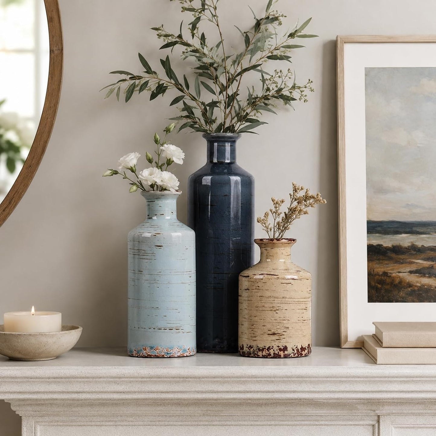 Ceramic Vase Set of 3 – Small Flower Vases, Modern Farmhouse Boho Flower Vases for Home Decor, Rustic Pottery Vases for Centerpieces, Living Room, Shelf, Fireplace, Entryway Decor, Table or Cabinet