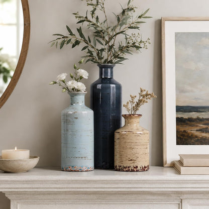 Ceramic Vase Set of 3 – Small Flower Vases, Modern Farmhouse Boho Flower Vases for Home Decor, Rustic Pottery Vases for Centerpieces, Living Room, Shelf, Fireplace, Entryway Decor, Table or Cabinet