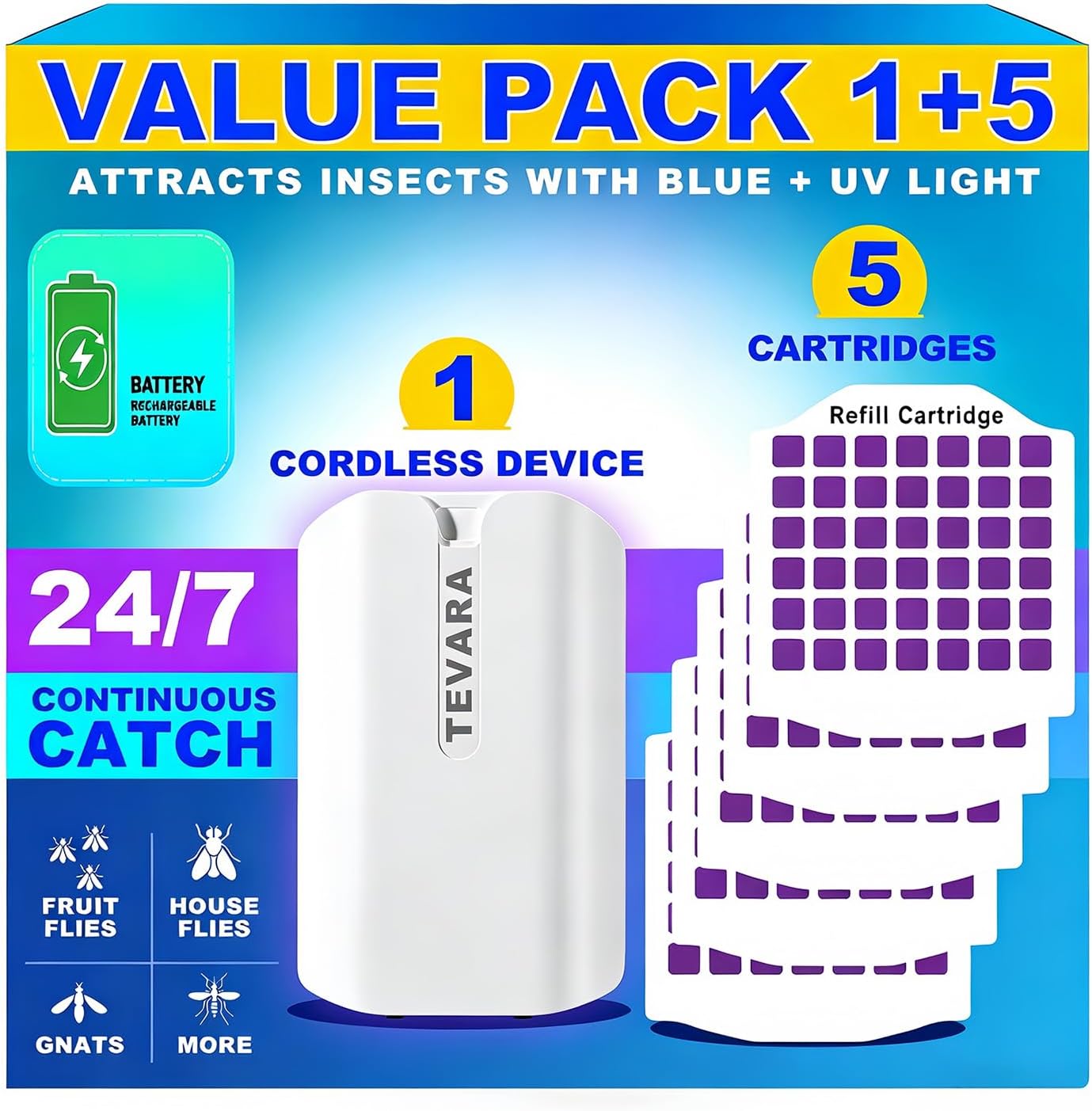 TEVARA Cordless Flying Insect Trap Refills, 5 Cartridges, Original Super Sticky Cards, High Efficiently Stick Fruit Flies, Gnats, Moths and Houseflies (10 Cartridges)