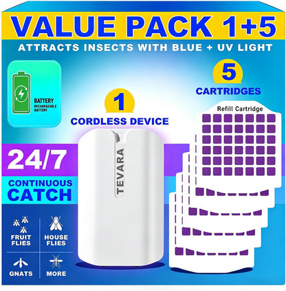 TEVARA Cordless Flying Insect Trap Refills, 5 Cartridges, Original Super Sticky Cards, High Efficiently Stick Fruit Flies, Gnats, Moths and Houseflies (10 Cartridges)