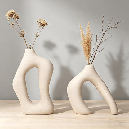 White Ceramic Decorative Vases Set of 2, Nordic Minimalist Modern Vases for Table, Wedding, Living Room, Bedroom, Office Home Decoration