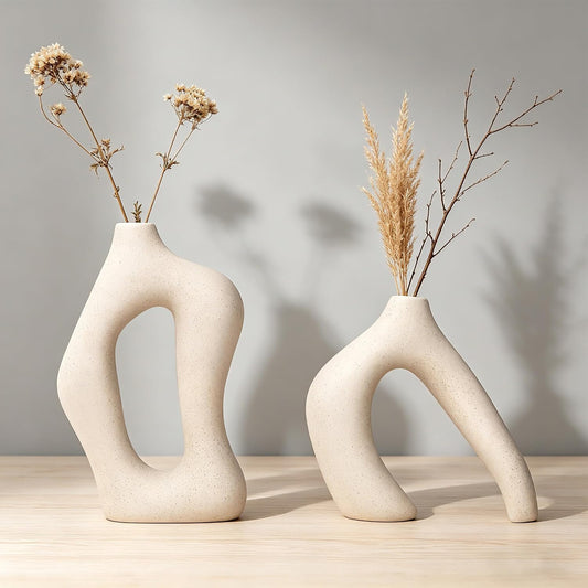 White Ceramic Decorative Vases Set of 2, Nordic Minimalist Modern Vases for Table, Wedding, Living Room, Bedroom, Office Home Decoration