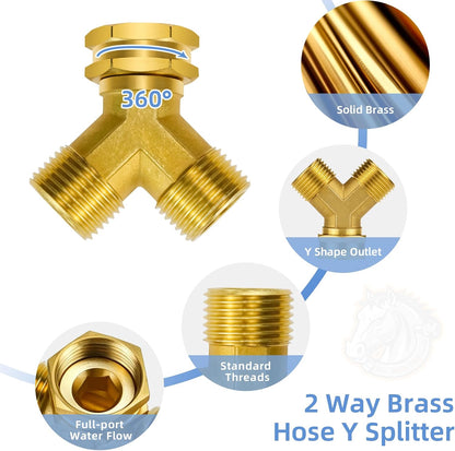Angry Pony Spigot Splitter 2 Way, GHT 3/4 Hose Spigot Splitter for Garden | for Sprinkler/Yard Lawn Irrigation,Brass Hose Y Splitter,Swivel Joint,Wide Flow Port,Firm Connection,Easy Install,Leakproof