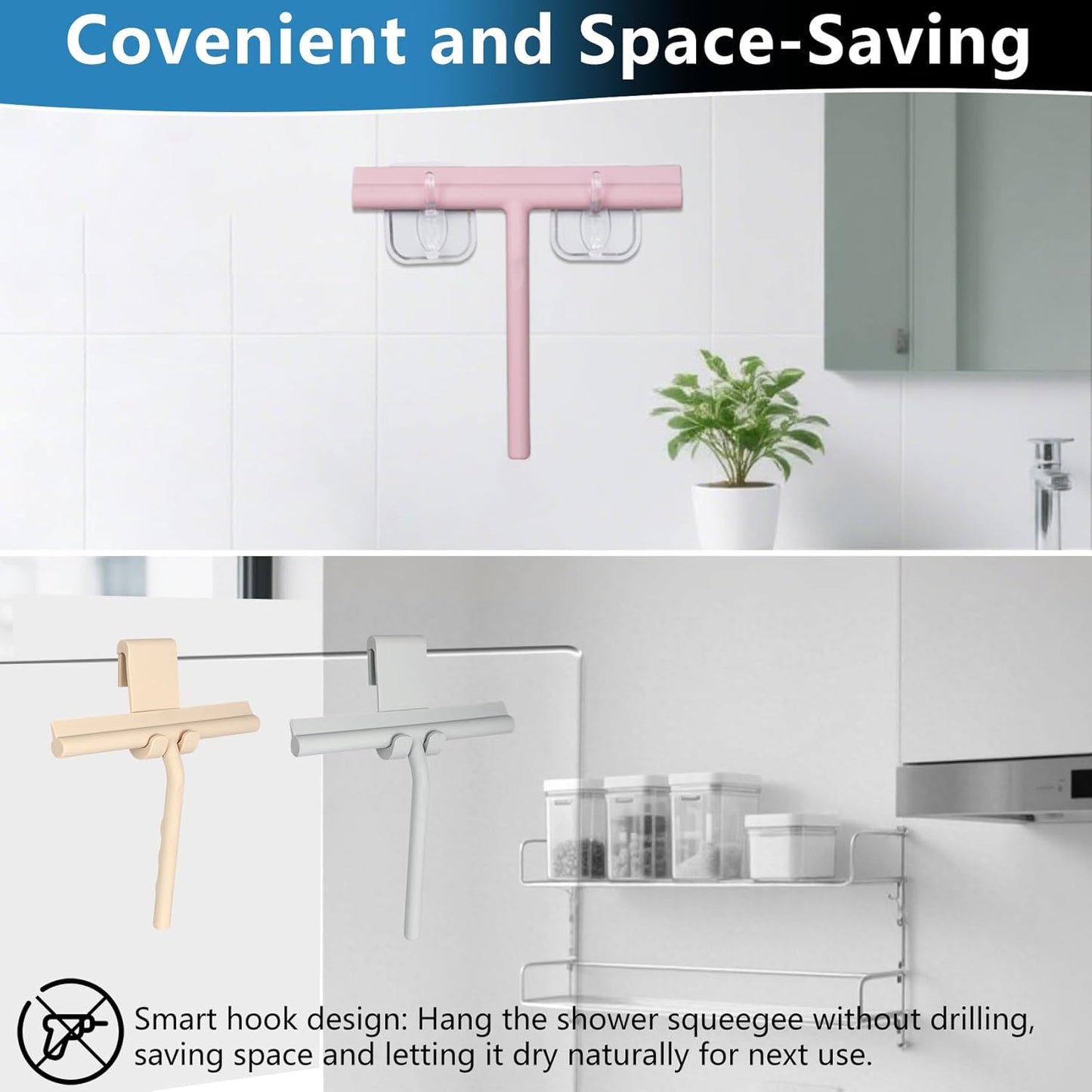 Squeegee for Shower Glass Doors, Resilient Loop - No-Drill & Adhesive Hook, Silicone Shower Squeegee with Stainless Steel Core, Cleaning Tool for Home, Kitchen, Bathroom & Car - Black