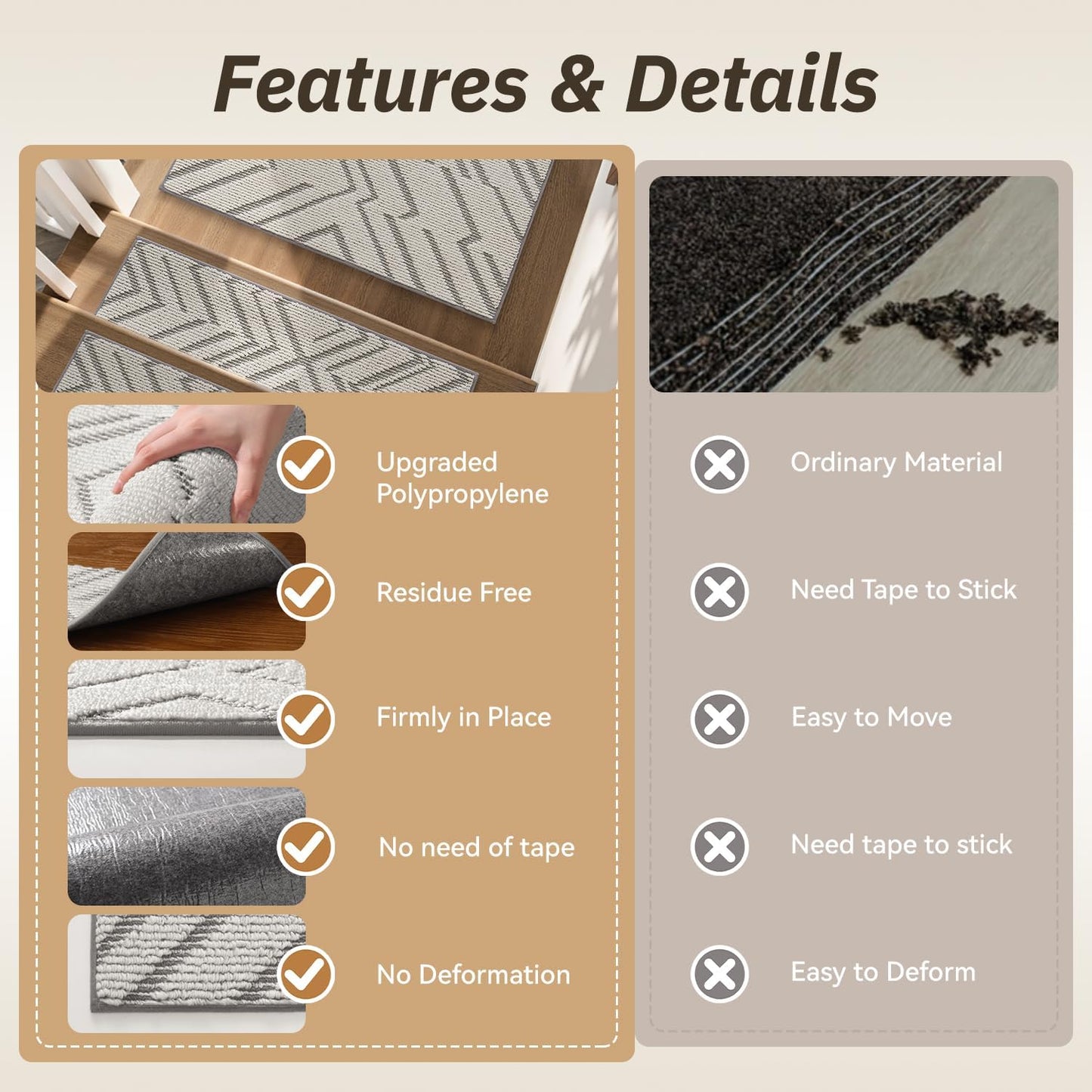 PADOOR Stair Treads Non Slip 15 PCS, 3D Peel and Stick Stair Treads for Wooden Steps Indoor, Residue-Free Adhesive Stair Runner for Kids, Elders & Pets, Washable Carpet for Stairs,8"x30",Brown