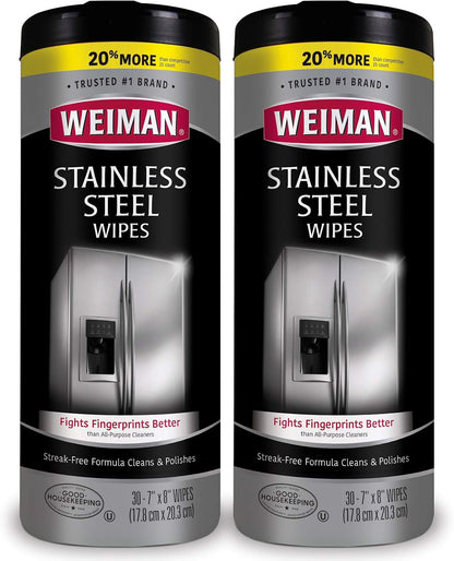 Weiman Stainless Steel Cleaner, 30 Count Wipes, Anti-Fingerprint, Removes Grease, Water Spots, Streaks & Residue, Polishing Cleaner Safe for Appliances, Chrome, Sinks & Grill Exteriors