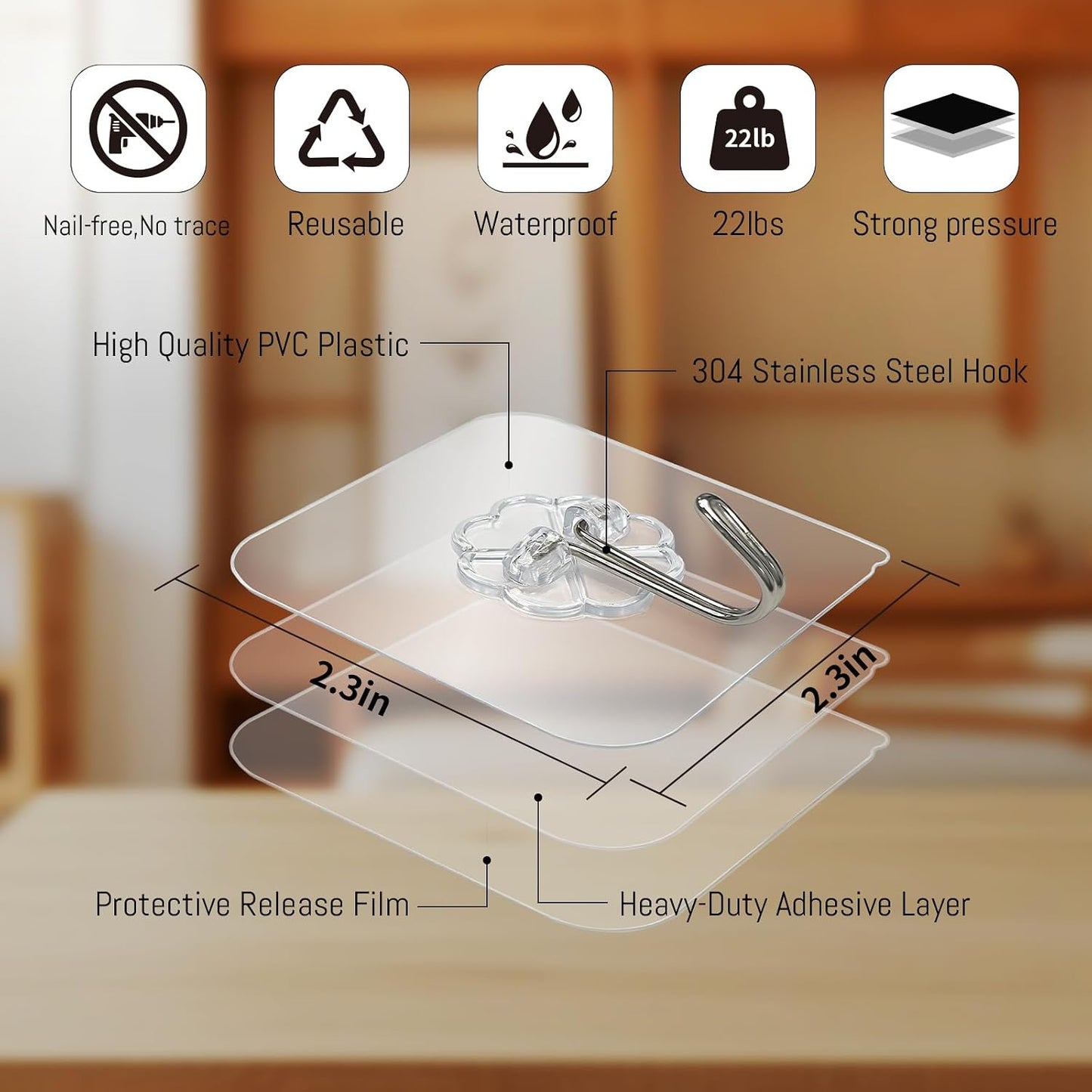 Heavy Duty Adhesive Hooks 33lb, Transparent Waterproof Removable, Damage-Free No Trace Wall Hooks for Towels Robes Keys, for Kitchen Bathroom Shower Outdoor, 20 Pack