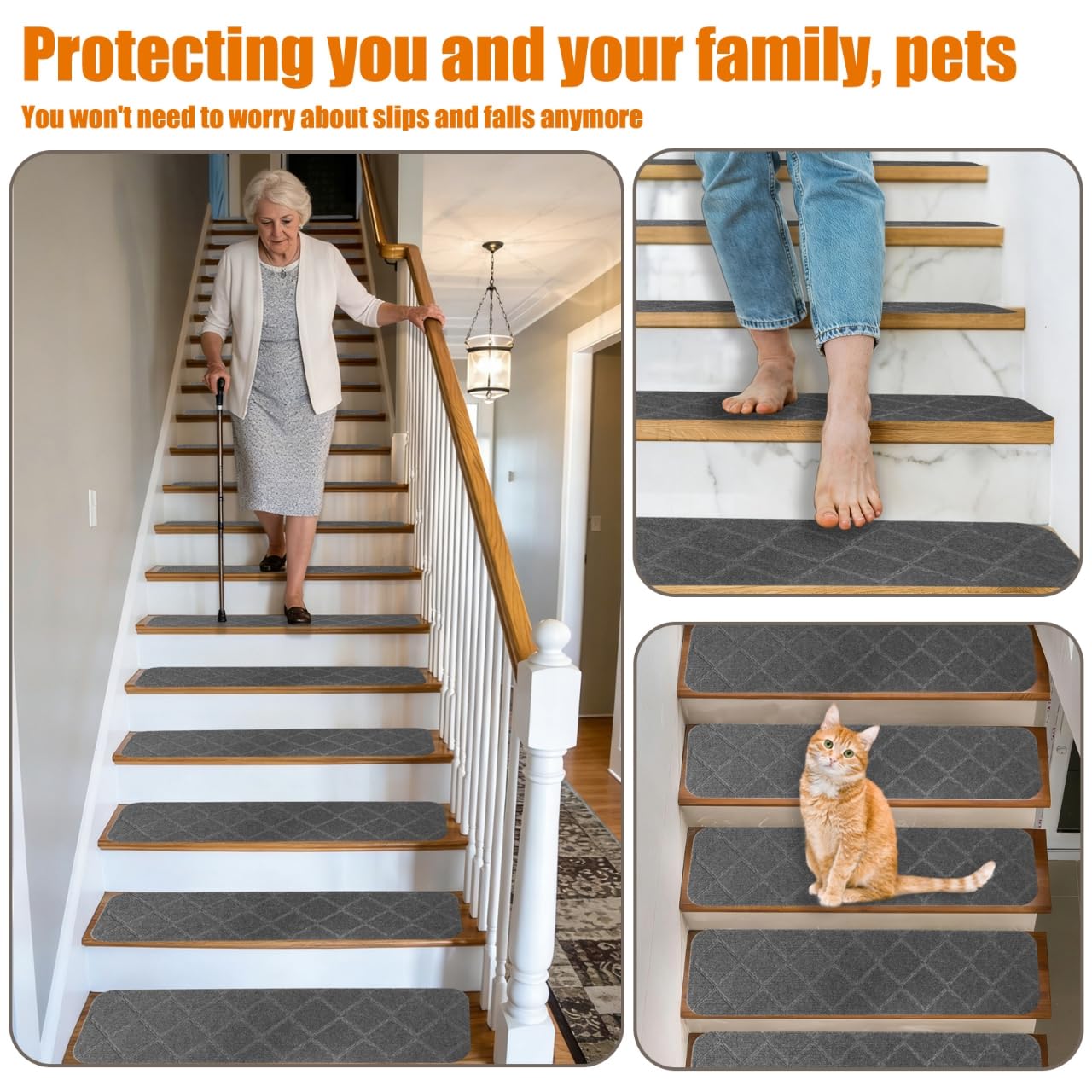 9"X36" Stair Treads Carpet Non-Slip for Wooden Steps Indoor, Machine Washable and Reusable with Tape Free Self-Adhesive Back for Pets, Set of 4, Grey