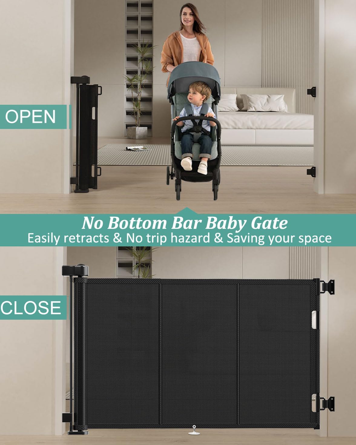 Miumoon 50 inch Retractable Baby Gates 34 inch Tall, Retractable Gate with Reinforced Strip Design to Prevent Crawling Through, Retractable Dog Gate for Stairs, Doorways, Hallways