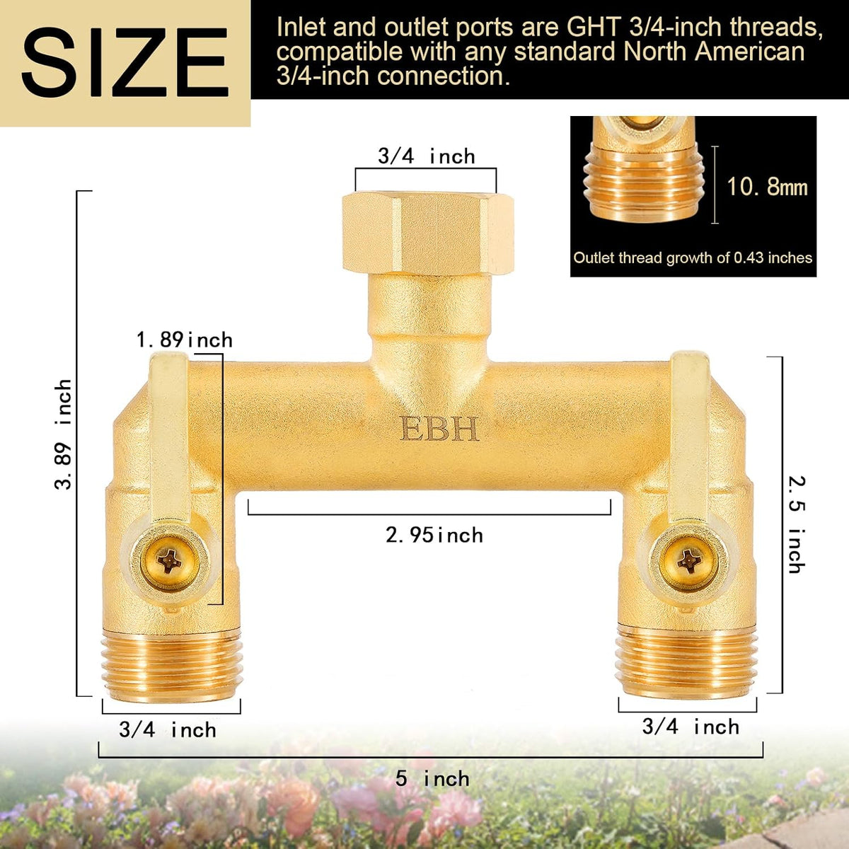 EBH Brass Garden Hose Splitter, 3 Way High Flow Outdoor Faucet Splitter,Full Flow 3-Way Brass Heavy Duty Hose Splitter With 3 Long Metal Handle and Individual On/Off Valve。