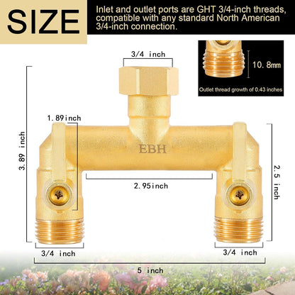 EBH Brass Garden Hose Splitter, 3 Way High Flow Outdoor Faucet Splitter,Full Flow 3-Way Brass Heavy Duty Hose Splitter With 3 Long Metal Handle and Individual On/Off Valve。