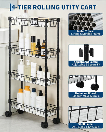 GarveeHome Slim Rolling Storage Cart, 4 Tier Metal Utility Cart with Wheels, Adjustable Shelving Unit Basket for Kitchen Bathroom Laundry Room Living Room & Narrow Corner, 15.75"X5.91"X31.5", Black
