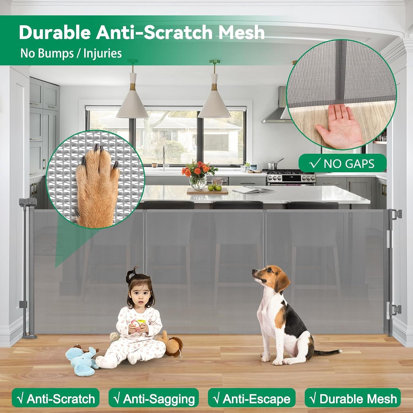Reinforced 50" Wide Retractable Baby Gates for Doorways, Retractable Dog Gate for Stairs with Support Rods – Prevent Crawling Under, Outdoor Indoor Mesh Baby Gate Retractable Gates for Dogs, White