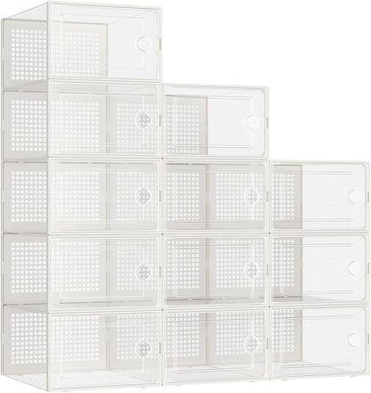 Kuject 12 Pack Large Shoe Boxes, Clear Stackable Containers with Lids,Black | Shoe organizers for closet & entryway, under-bed,Drop-front design fits women's size 10