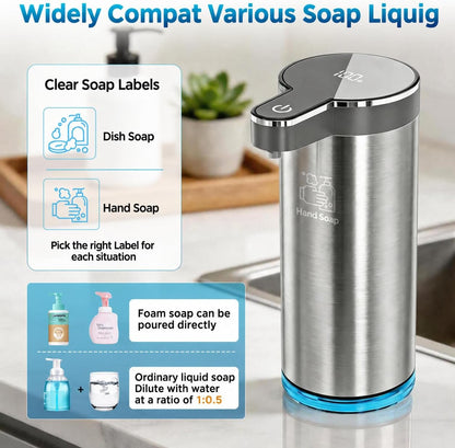 Automatic Foaming Soap Dispenser,Touchless Foam Soap Dispenser,12oz Rechargeabled Wall Mounted Smart for Bathroom and Kitchen Dish Soap,Easy for Toddlers（Brushed Silver）